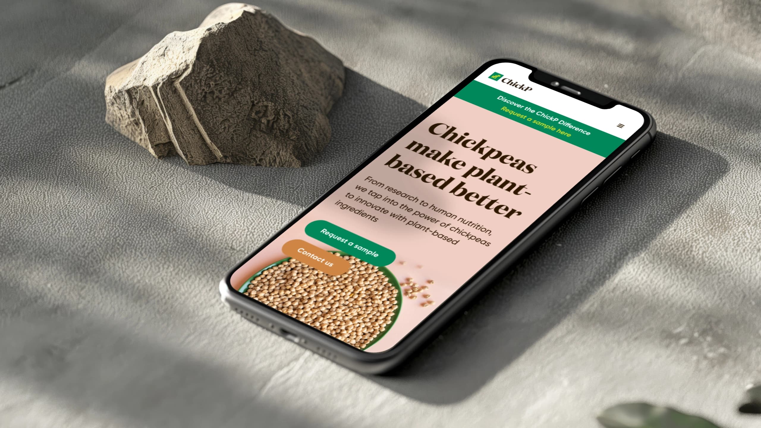 ChickP, mobile website screens showing the plant-protein brand in use